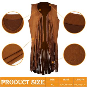 MAKCNMYM Women Tassel Fringe Vests 70s Hippie Faux Suede Sleeveless Fringed Jacket Western Cowgirl Outfits with Cowboy Hat Heart-Shaped Sunglasses Women Costume Accessories Open-Front Vintage Vest