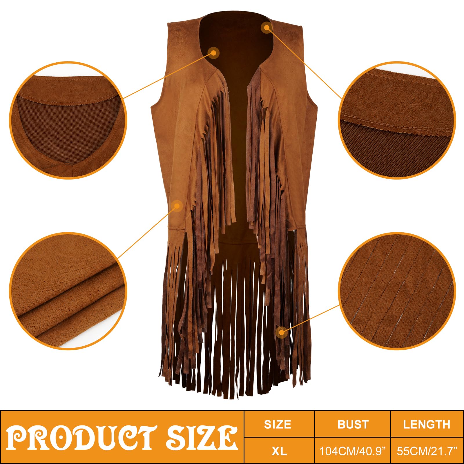 MAKCNMYM Women Tassel Fringe Vests 70s Hippie Faux Suede Sleeveless Fringed Jacket Western Cowgirl Outfits with Cowboy Hat Heart-Shaped Sunglasses Women Costume Accessories Open-Front Vintage Vest