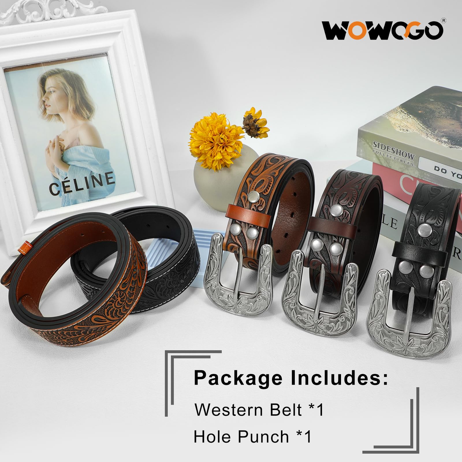 WOWOGO Western Belts for Women Men Cowboy Cowgirl Floral Engraved Leather Belt Strap Vintage Embossed Buckle