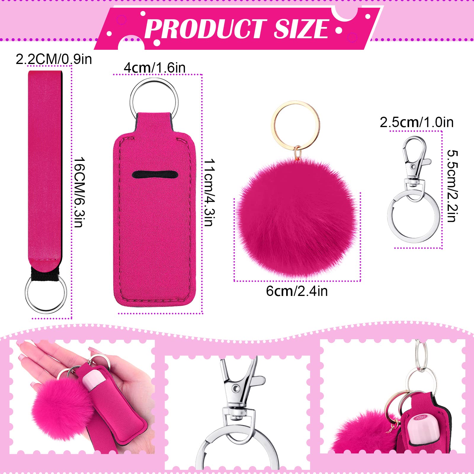 Tudomro Keychain Lip Balm Holder Set Include Lipstick Holder, Colorful Keychain Wristlet Lanyard, Fluffy Ball Pom Accessory and Metal Keychains for Purse Handbag (Candy Color, 30 Sets)