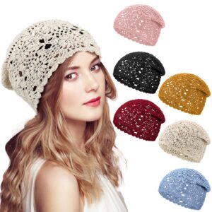 jenpen 6 pcs women crochet hat slouchy knit beanie cotton handmade knit hat summer winter soft comfortable floral skull cap(classic color)