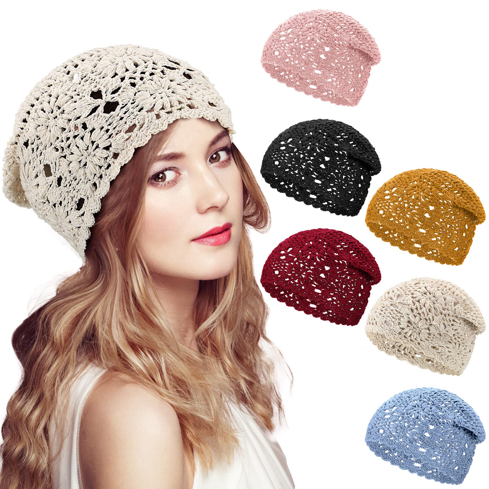 JenPen 6 Pcs Women Crochet Hat Slouchy Knit Beanie Cotton Handmade Knit Hat Summer Winter Soft Comfortable Floral Skull Cap(Classic Color)