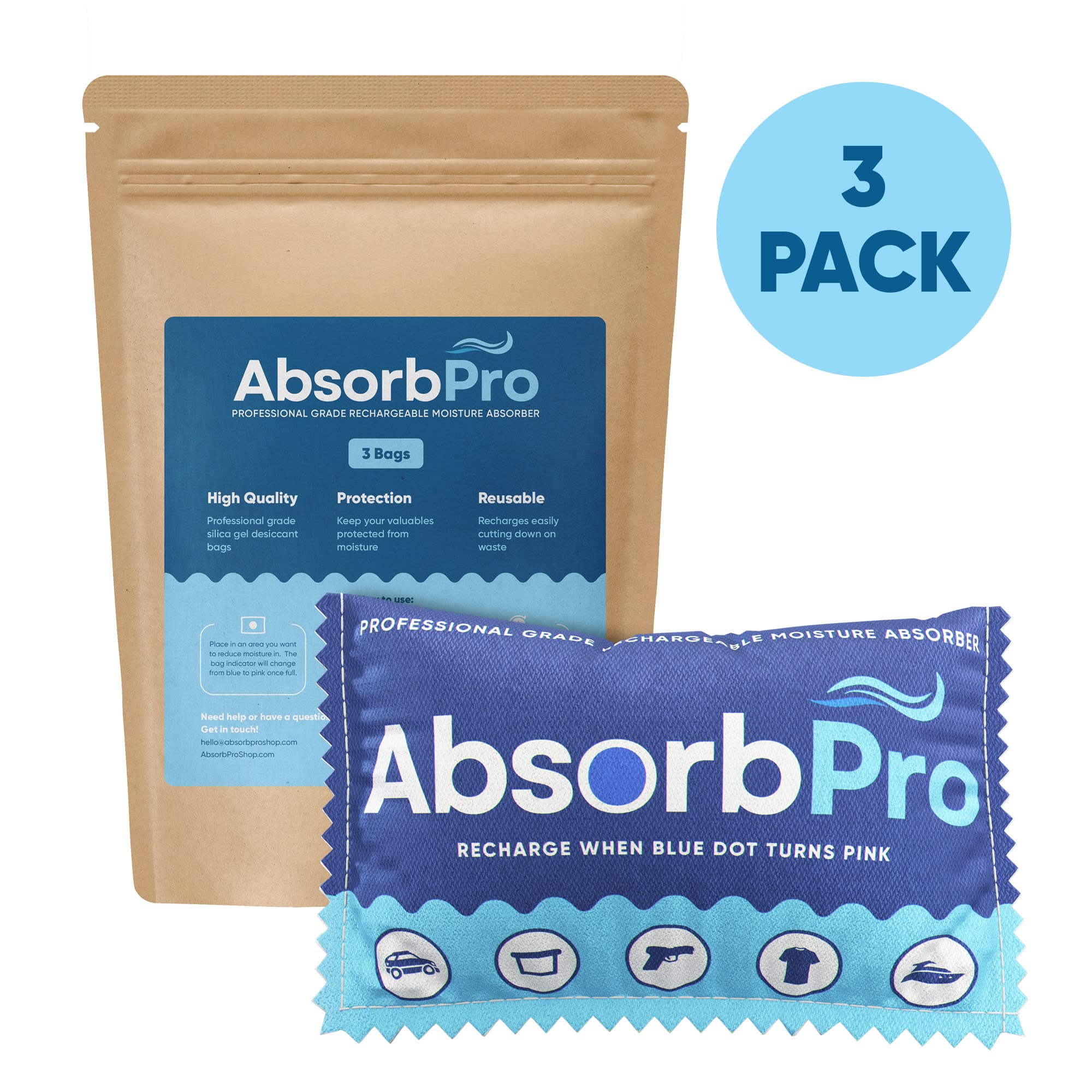 Absorb Pro Rechargeable Dehumidifier Bag 3-Pack - 100g Reusable Moisture Absorbers - Silica Gel Packets for Bins, Totes, Gun Safe, Food Storage, Clothes, Cars, and Boats