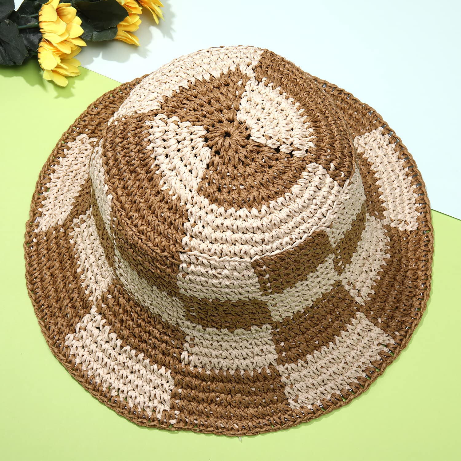 Sun Hats Checkerboard Straw Bucket Hat for Women Packable Crochet Wide Brim Floppy Beach Hats Traveling Summer Accessories (Beige)