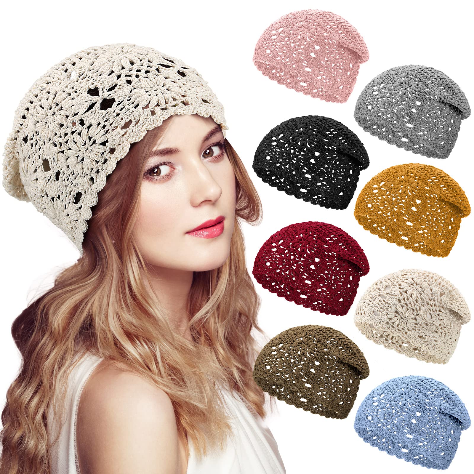 Jiuguva 8 Pcs Crochet Slouchy Beanie Hat Handmade Knit Floral Skull Cap Breathable and Lightweight Stretchy Knitted Cutout Summer Cotton Hat for Women