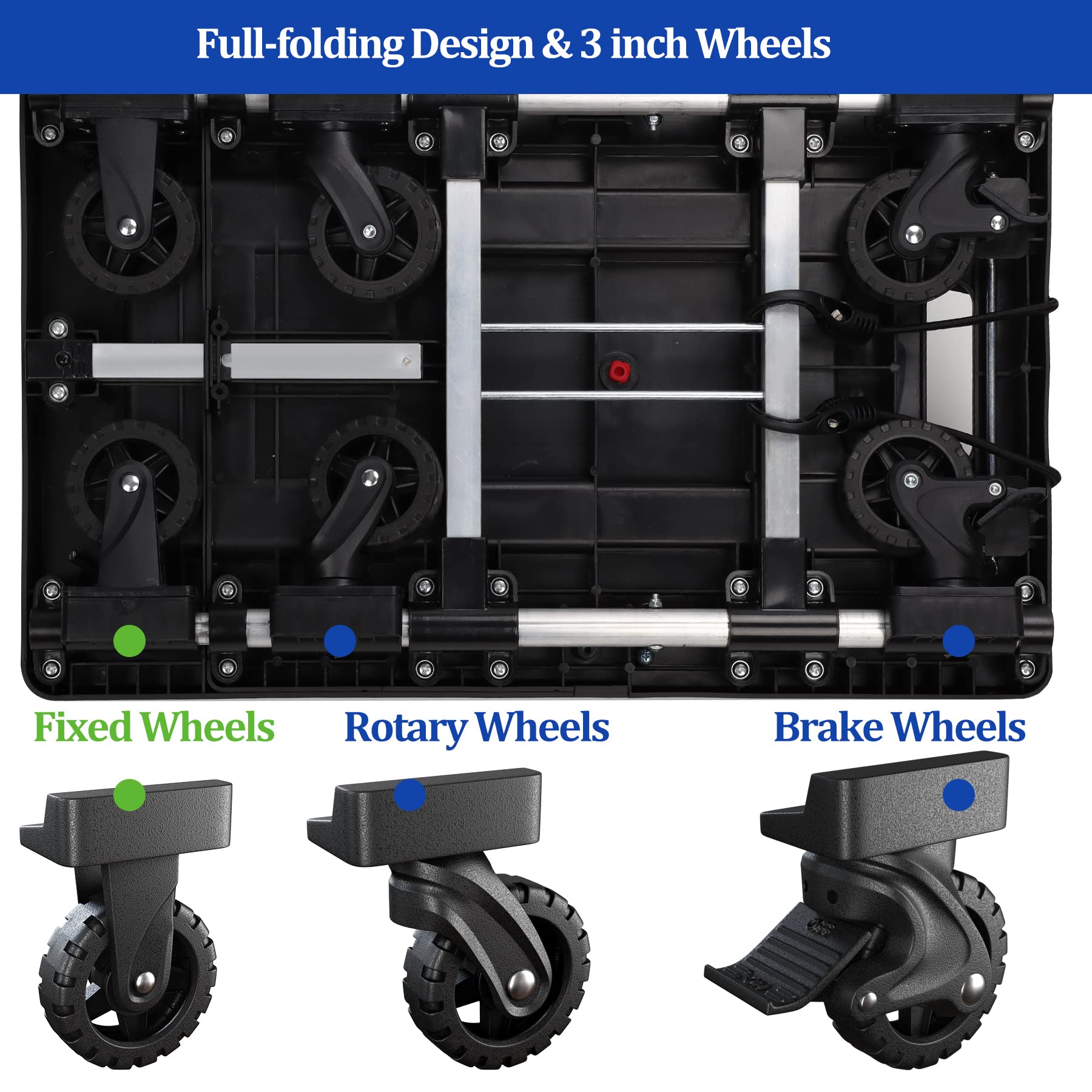 Klonvs Folding Hand Truck Dolly, 650 LBS Portable Shopping Carts with 6 Foldable Rotary Wheels (2 Brake Wheels) & 2 Elastic Ropes, Utility Cart Heavy Duty for Travel, Moving, Airport, Office Use