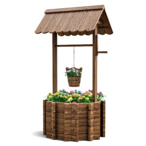 udpatio wishing wells for yard, large wooden wishing well planter for outdoors, upgrade wishing well with 4 reinforced rod & hanging bucket for garden patio lawn backyard home decor