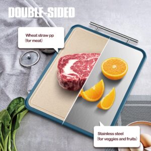 Double-Sided Meat Cutting Board,Stainless Steel/Wheat straw pp Cutting Board for meat,Dishwasher Safe,Juice Groove,16.1 * 12.2Inch