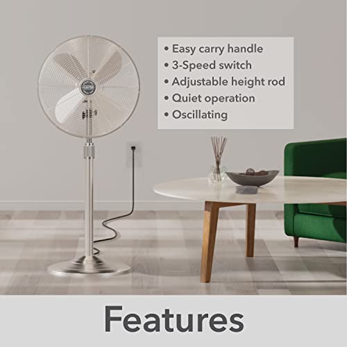 Hunter Classic S16 Oscillating Standing Fan Adjustable Height 16 Inch, 3 Speeds, Brushed Nickel, 97317