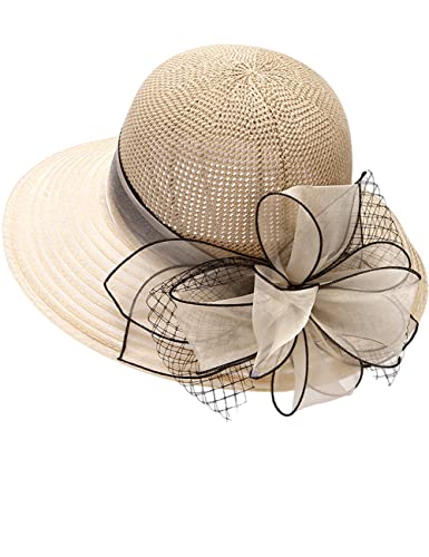 KORADI Women Organza Kentucky Derby Hat Fascinators Bucket Bowler Hat for Tea Party Bridal Wedding Church Dress Hat Wide Brim Sun Cap(Beige)