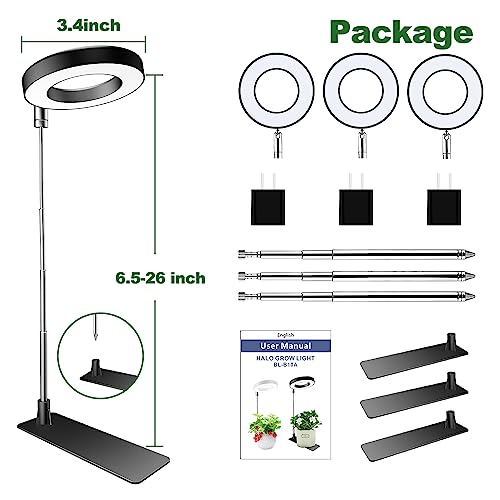 Aokrean Plant Grow Light, 48 LEDs Full Spectrum Grow Light for Indoor Plants, Height Adjustable Small Halo Light with Base, 3 Optional Spectrums, Auto Timer 3/9/12Hrs, 10 Brightness, 3 Pack