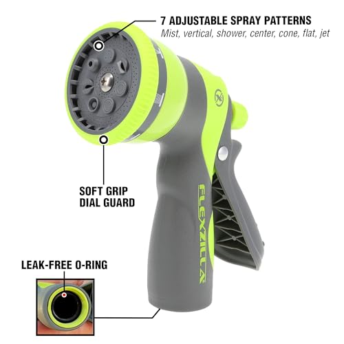 Flexzilla Garden Hose Nozzle - Heavy Duty 7-Pattern Adjustable Pistol, NFZG67-E, ZillaGreen™