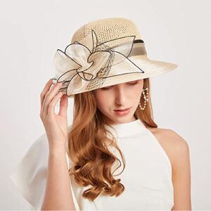 KORADI Women Organza Kentucky Derby Hat Fascinators Bucket Bowler Hat for Tea Party Bridal Wedding Church Dress Hat Wide Brim Sun Cap(Beige)