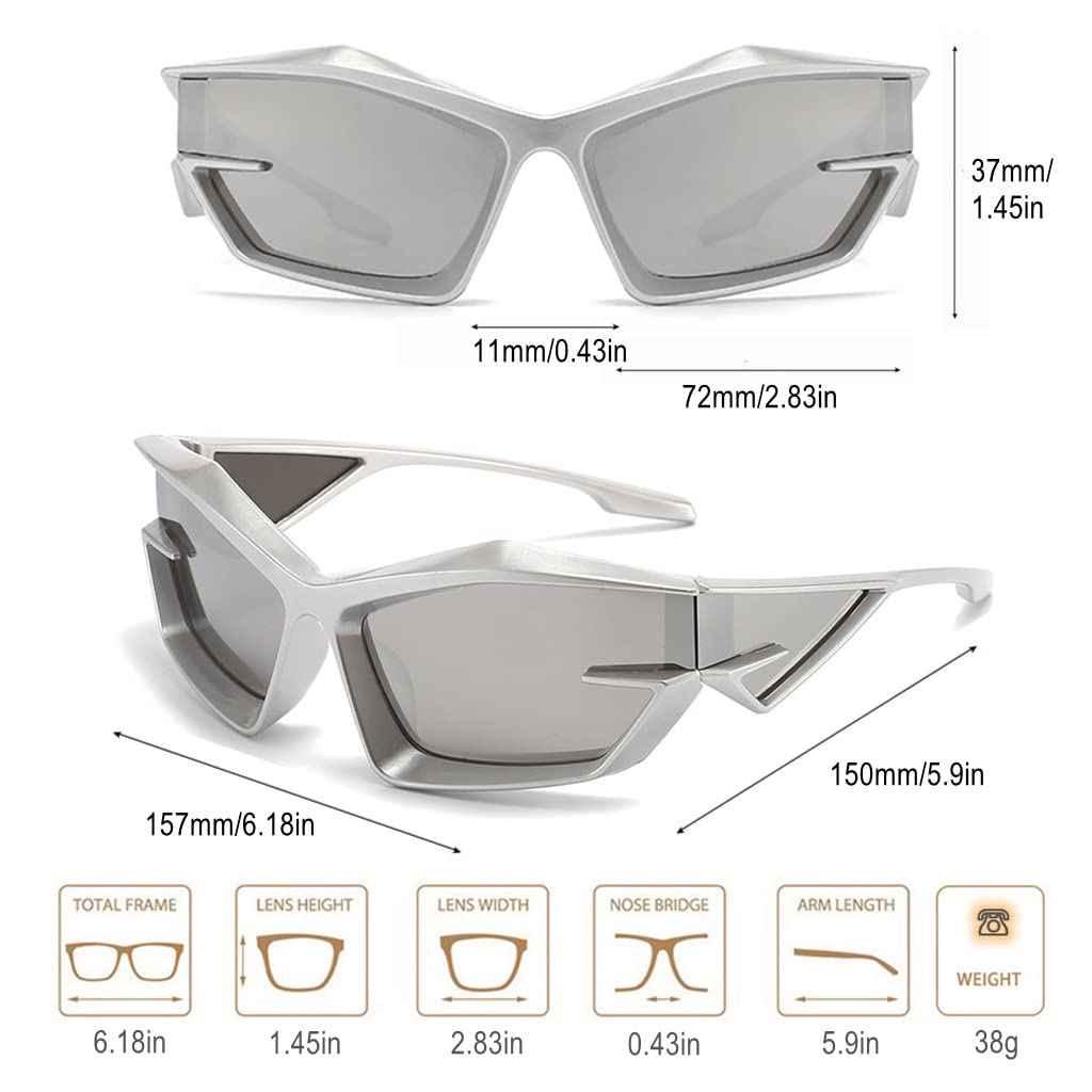 BAWUYI Futuristic Y2K Sunglasses for Men Women Sports Wrap Around Shield Cat Eye Glasses Alien Shades (Silver Frame - Mirror Silver Lens)