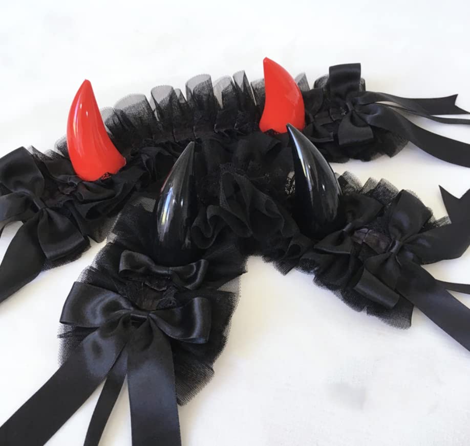 CoBtee Gothic Lolita Headdress Lace Devil Horns Cosplay Headbands Hair band Hair Accessories Headwear Halloween Party (black devil horns)