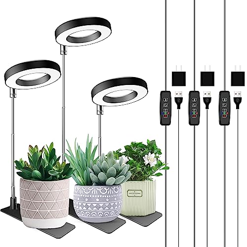 Aokrean Plant Grow Light, 48 LEDs Full Spectrum Grow Light for Indoor Plants, Height Adjustable Small Halo Light with Base, 3 Optional Spectrums, Auto Timer 3/9/12Hrs, 10 Brightness, 3 Pack