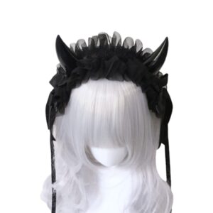 CoBtee Gothic Lolita Headdress Lace Devil Horns Cosplay Headbands Hair band Hair Accessories Headwear Halloween Party (black devil horns)