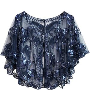 Specell Dark Blue Womens Lace Shawls And Wrap, Flapper Shawl For Women,Plus Size Sequin Shawl Wrap Gatsby Beaded Evening Cape,Flapper Bolero Shrug,1920s Womens Lace Shawl And Wraps,Wedding Dress Shawl