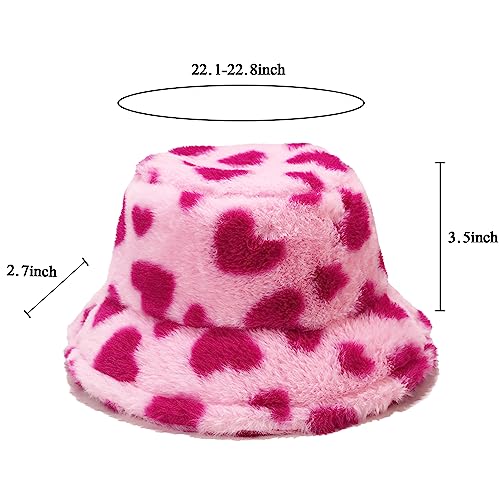 Winter Fluffy Fuzzy Bucket Hat Plush Furry Faux Fur Fisherman Hats Warm Hat for Women (Pink Heart)