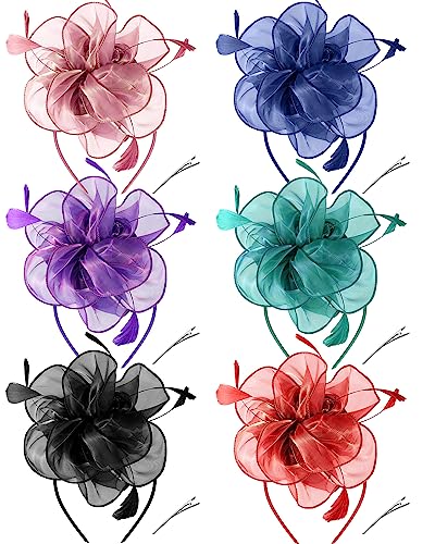 6 Pcs Fascinators Hat Tea Party Headwear Ribbons Feathers Women Hat Flower Mesh Headband Wedding Flower Hair Clip for Party Wedding Carnival