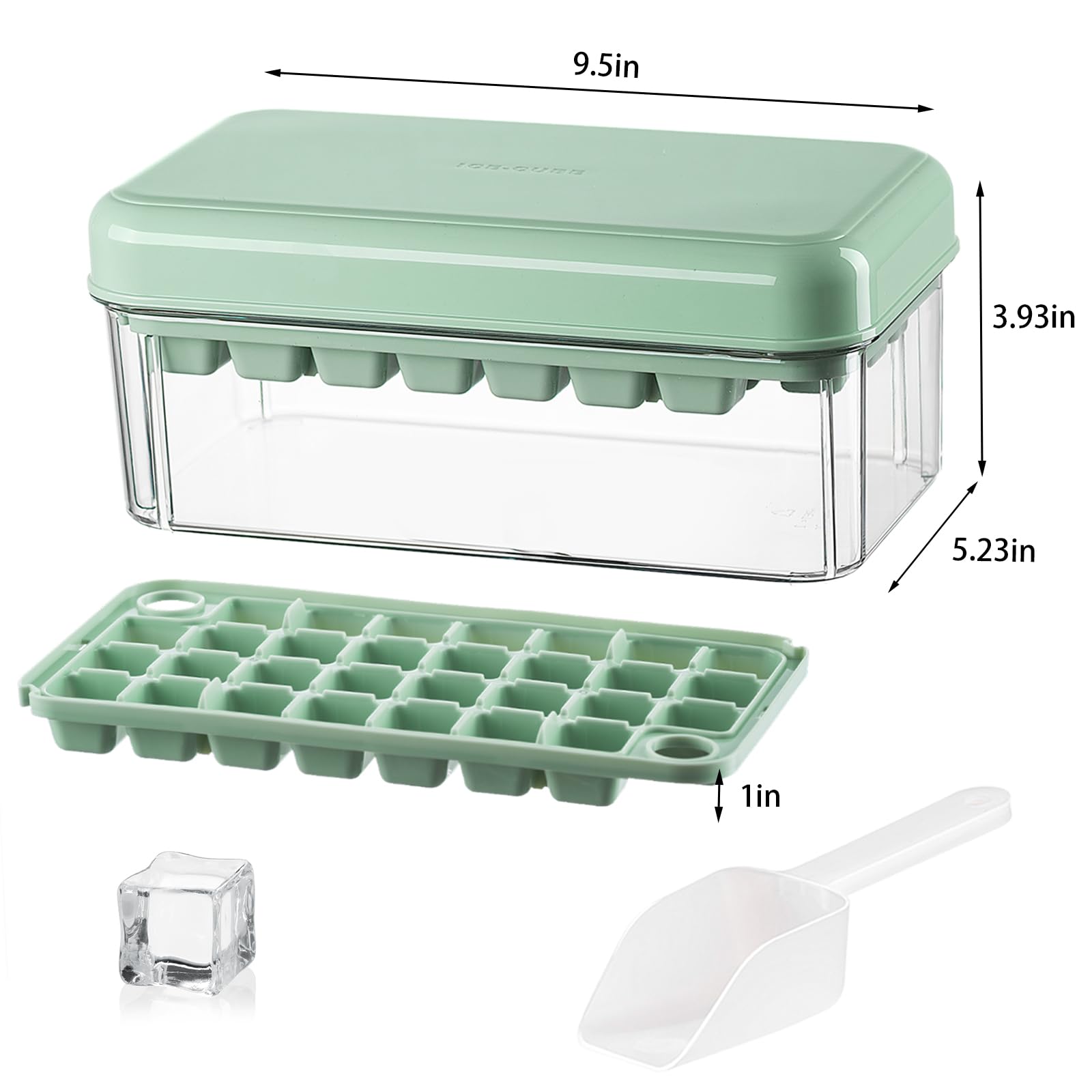 Funfmm Ice Cube Tray with Lid and Bin, 60 Mini Ice Cubes for Freezer, 2 Trays for Chilling Drinks and Juices, BPA Free Ice Cube Molds (Green)