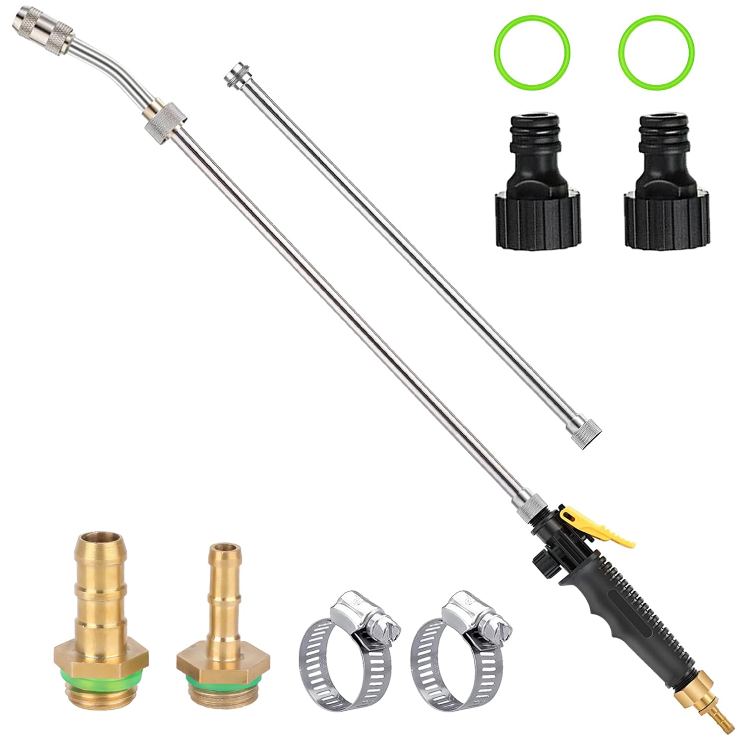 Ramarmro 44" Sprayer Wand, 2 brass barbs match 3/8'' & 1/4'' hoses, Adjustable Stainless Steel Replacement Garden Sprayer Wand with Built-in Shut-Off Valve, w/ 2 Hose Clamps & 2 Hose Connects Yellow