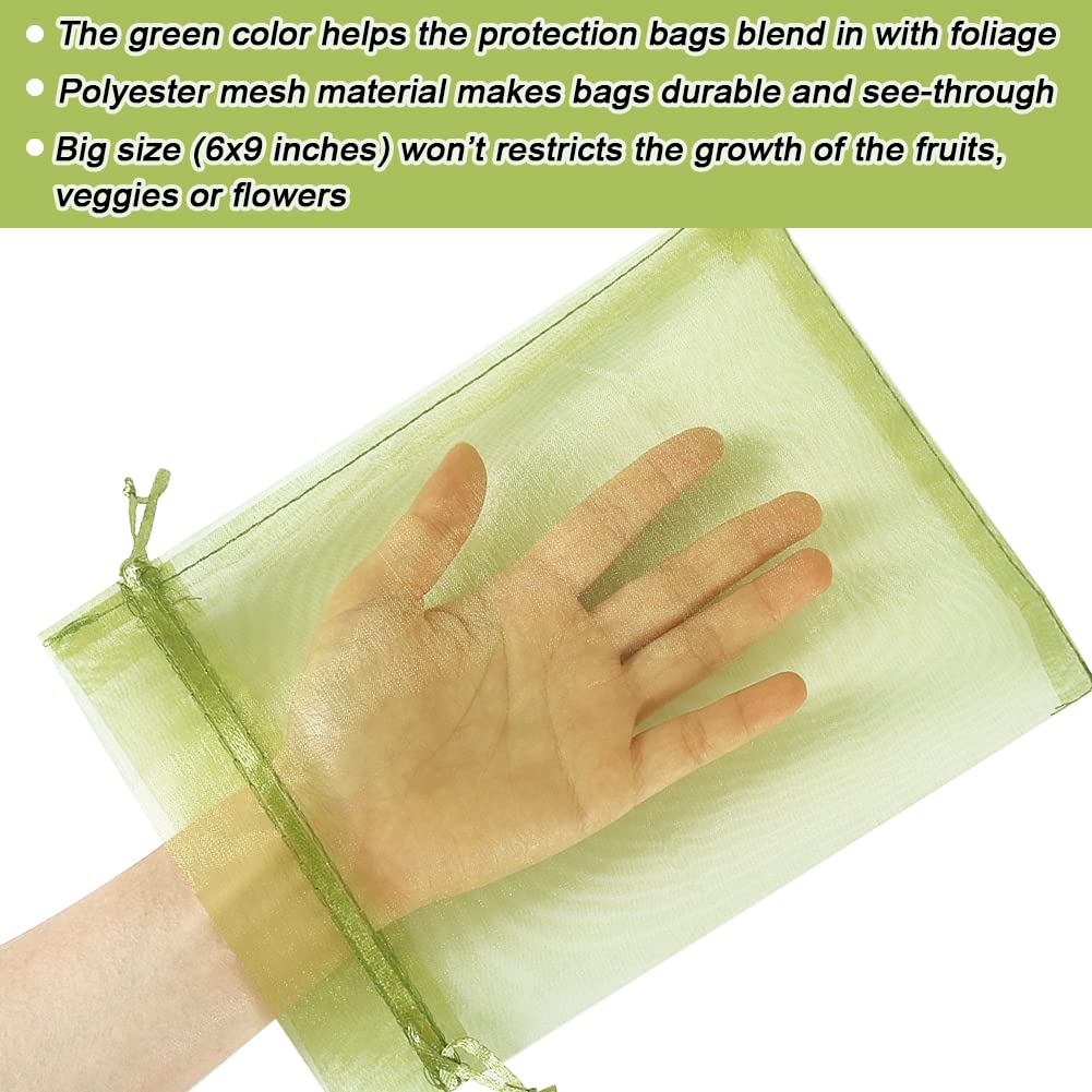 100pcs Fruit Protection Bags 6x9 inch, Green Netting Cover Bags Drawstring Mesh Fruit Protectors Pest Barrier for Mangoes Tomatoes Fruit Trees Veggies Garden