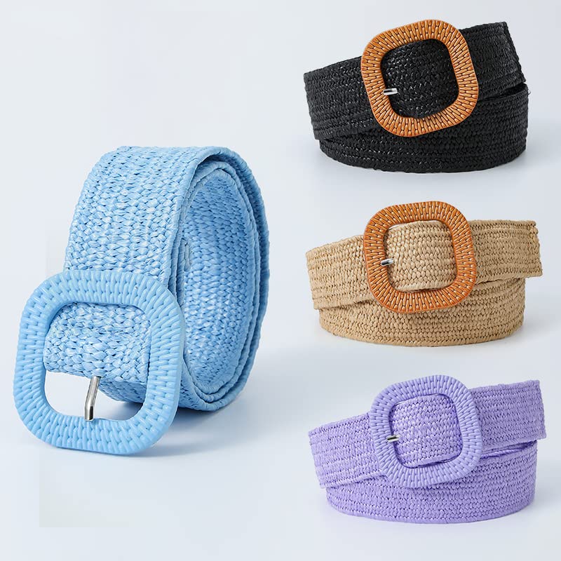 SJYFAL Women Woven Belt Elastic Braided Belt Stretch Waist Belt Buckle Golf Belt Straw Jeans Dress Belts