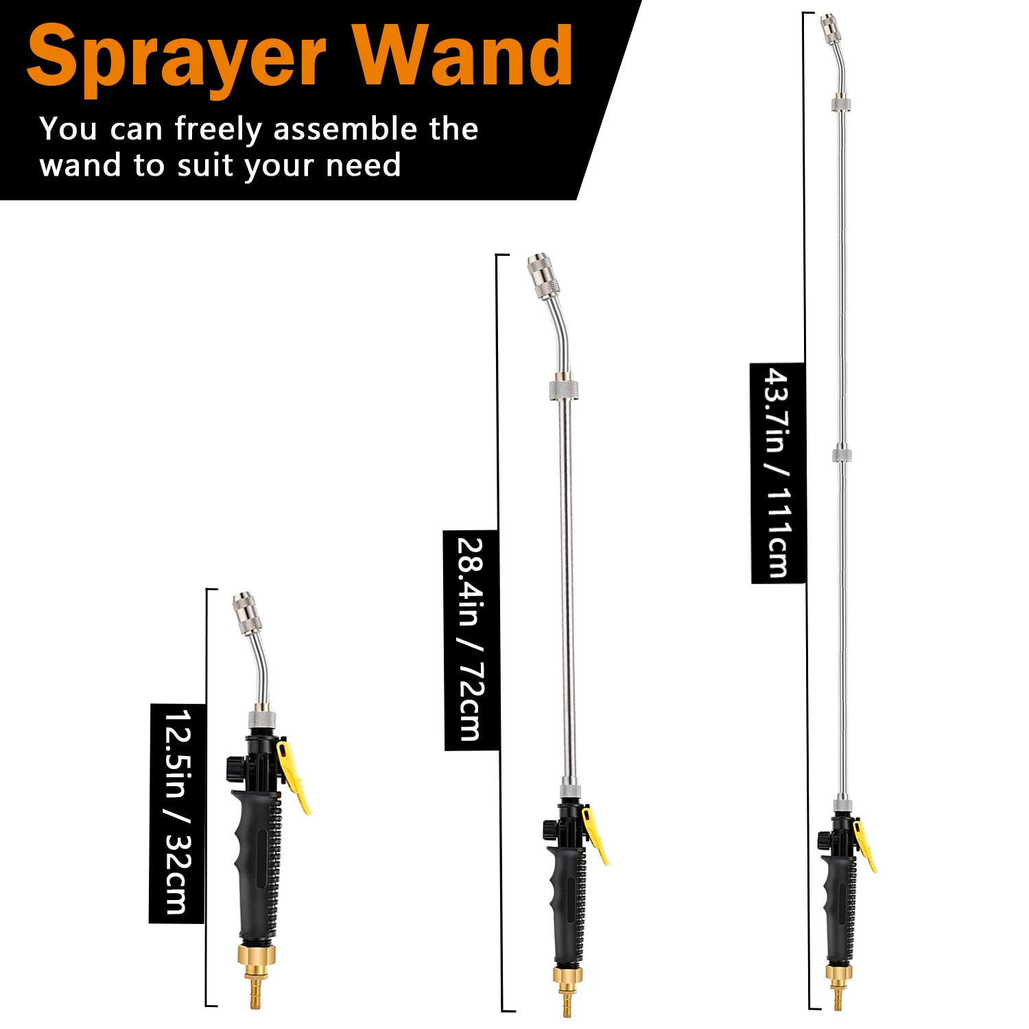 Ramarmro 44" Sprayer Wand, 2 brass barbs match 3/8'' & 1/4'' hoses, Adjustable Stainless Steel Replacement Garden Sprayer Wand with Built-in Shut-Off Valve, w/ 2 Hose Clamps & 2 Hose Connects Yellow