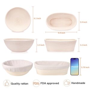 HOMEDISIAC Banneton Bread Proofing Basket Set, 9 Inch Round & 10 Inch Oval, Natural Rattan Material, Ideal for Sourdough Bread Baking, Includes Linen Liner and Dough Scraper, Great Gift Idea