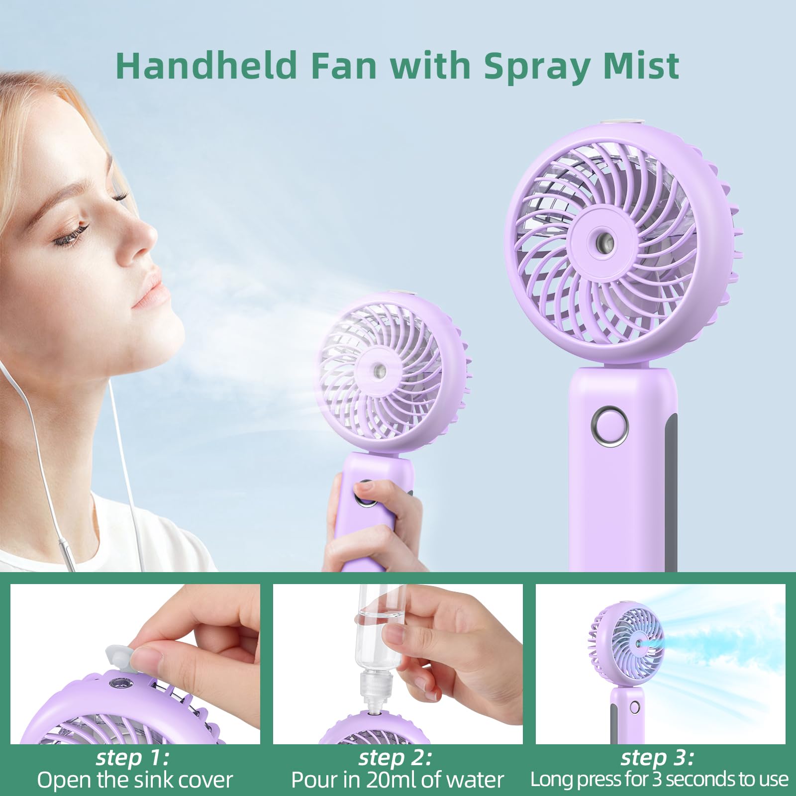 CIVPOWER Misting Fan Portable, Hand Held Fan 90°Adjustable Desk Fan, 4000mAh USB Rechargeable Personal Fan with Water Mist, 5-14 Working Time 3 Speeds Mister Spray Fan (purple)