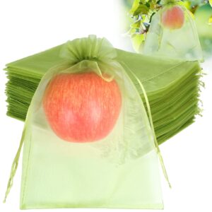 100pcs fruit protection bags 6x9 inch, green netting cover bags drawstring mesh fruit protectors pest barrier for mangoes tomatoes fruit trees veggies garden