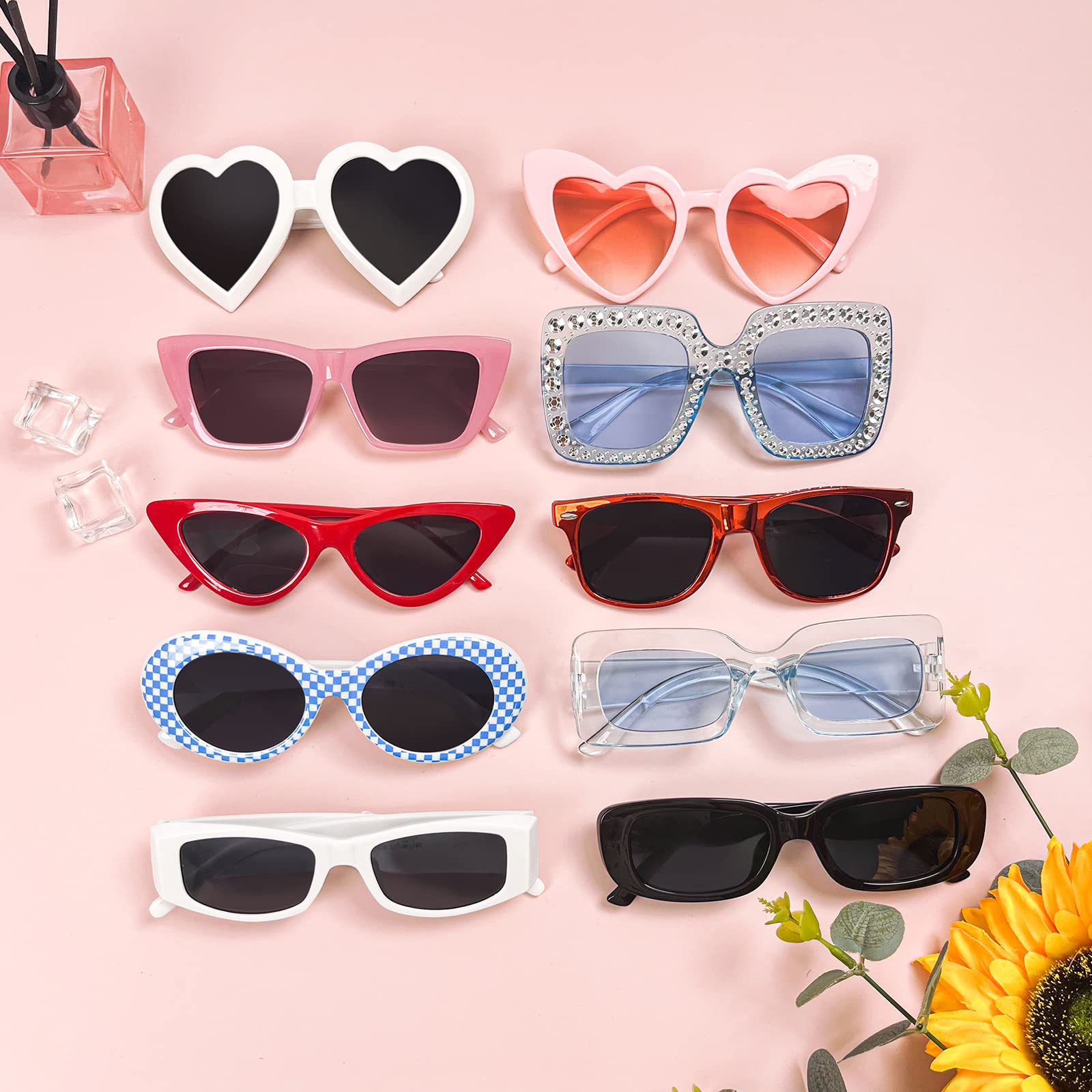 Geopty Red Sunglasses Bulk, 10 Pack Retro Red Heart Irregular Rectangle Sunglasses for Women Bachelorette Party Glasses Set