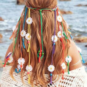 GENBREE Boho Daisy Headband Rainbow Braided Headpiece Summer Beach Tassel Hairband Floral Hippie Hair Accessories for Women and Girls (Multi-colored)