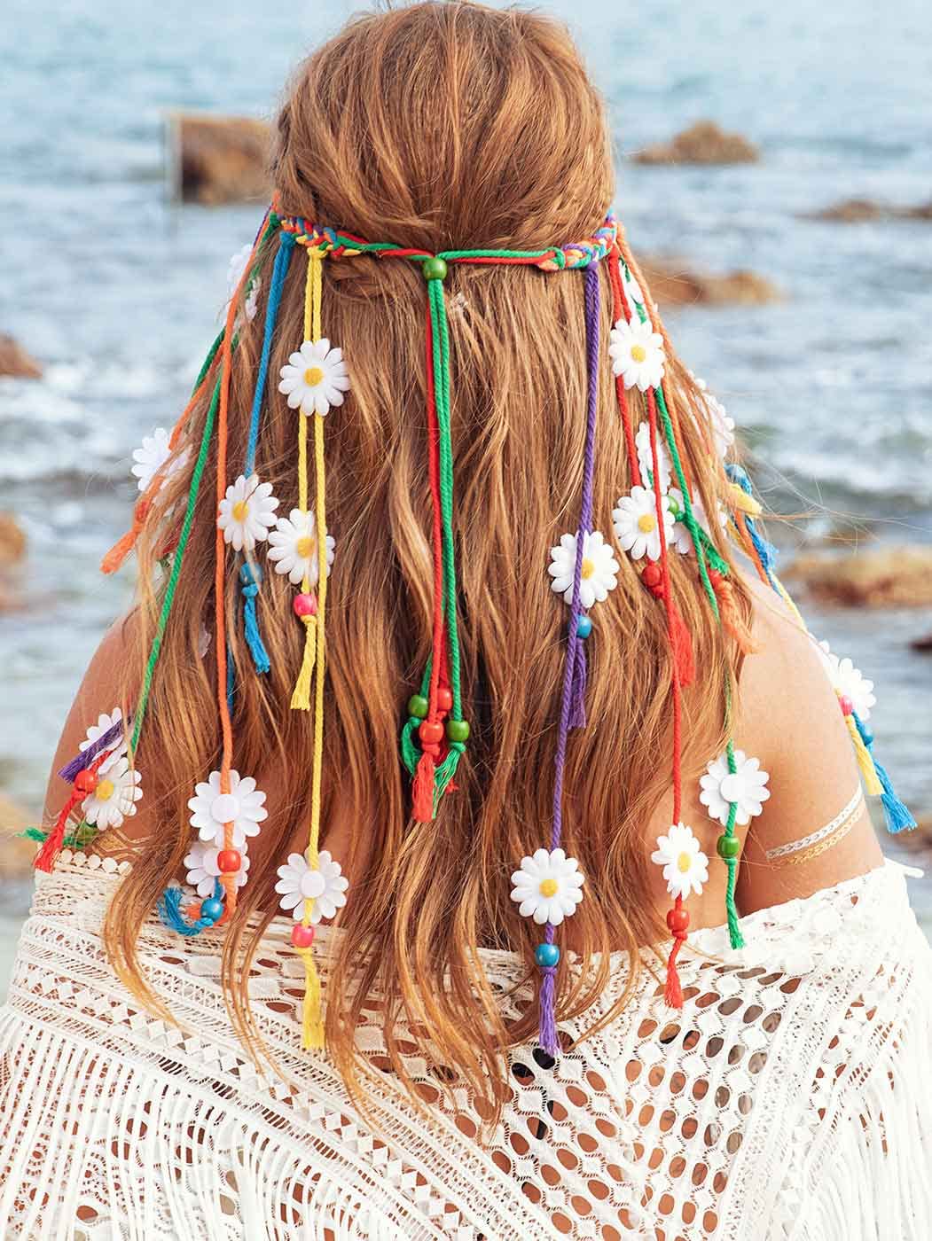 GENBREE Boho Daisy Headband Rainbow Braided Headpiece Summer Beach Tassel Hairband Floral Hippie Hair Accessories for Women and Girls (Multi-colored)