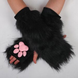 SUPTEC Furry Cat Paw Mittens Gloves for Women Soft 3D Toes Beans Fingerless Cat Claw Paws Pad Sleeve(Black)