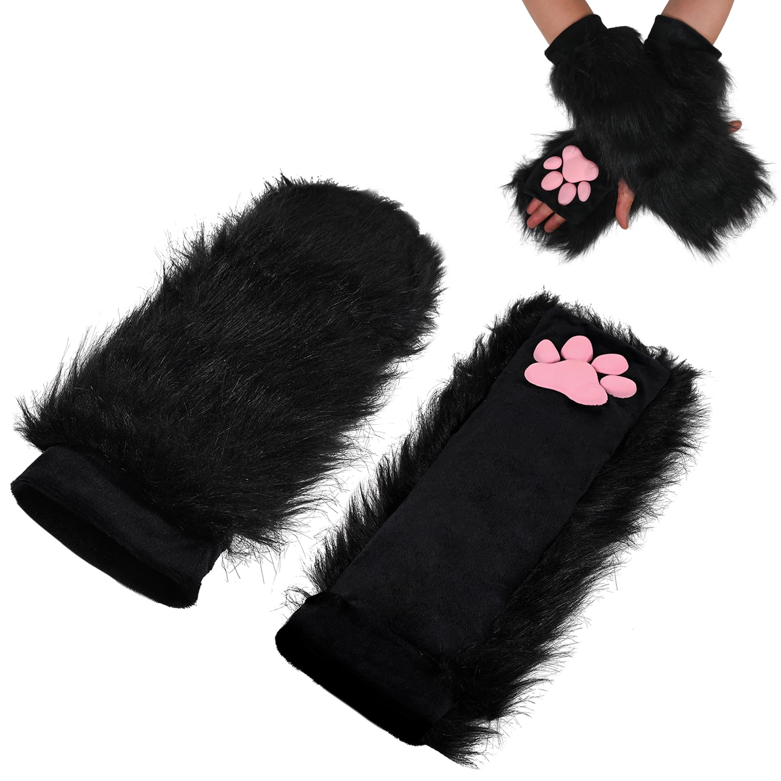 SUPTEC Furry Cat Paw Mittens Gloves for Women Soft 3D Toes Beans Fingerless Cat Claw Paws Pad Sleeve(Black)