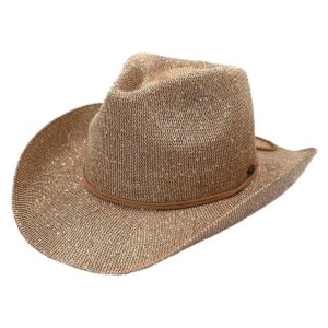 C.C Sparkly Sequin Cowboy Hat with Suede String Trim, Beige