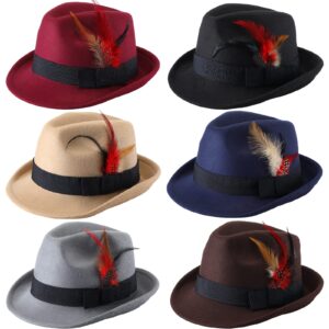 Xtinmee 6 Pcs Hats for Men Wide Brim Jazz Hat with Feather Panama Hats 1920s Hat Casual Bowler Hat for Women Costume, 6 Colors