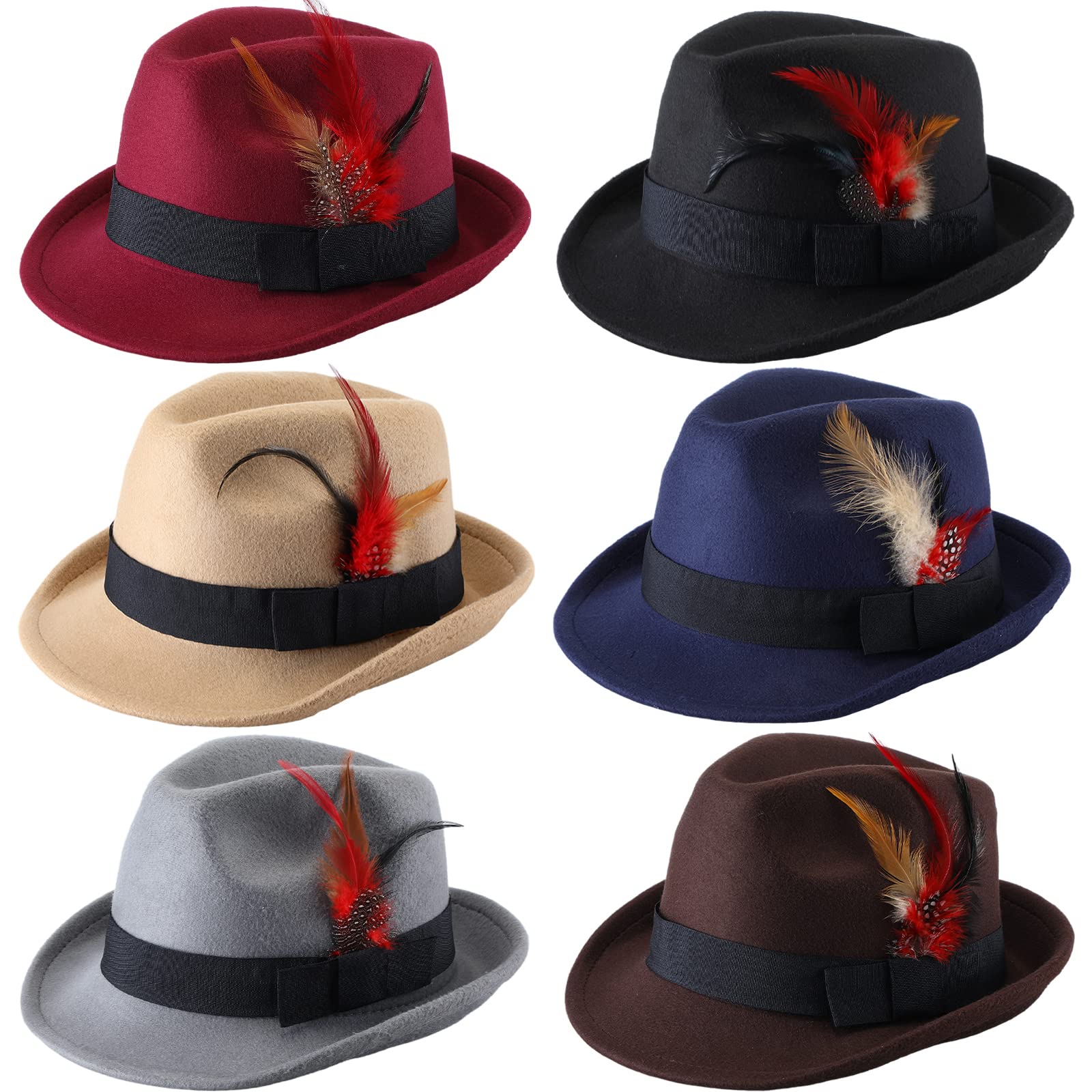 Xtinmee 6 Pcs Hats for Men Wide Brim Jazz Hat with Feather Panama Hats 1920s Hat Casual Bowler Hat for Women Costume, 6 Colors