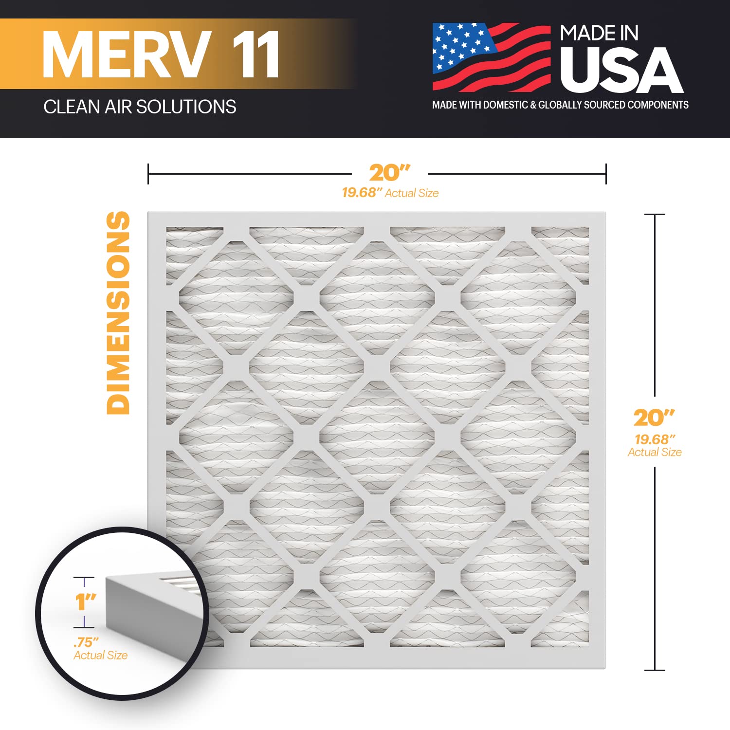 BNX TruFilter 20x20x1 Air Filter MERV 11 (6-Pack) - MADE IN USA - Allergen Defense Electrostatic Pleated Air Conditioner HVAC AC Furnace Filters for Allergies, Dust, Pet, Smoke, Allergy MPR 1200 FPR 7