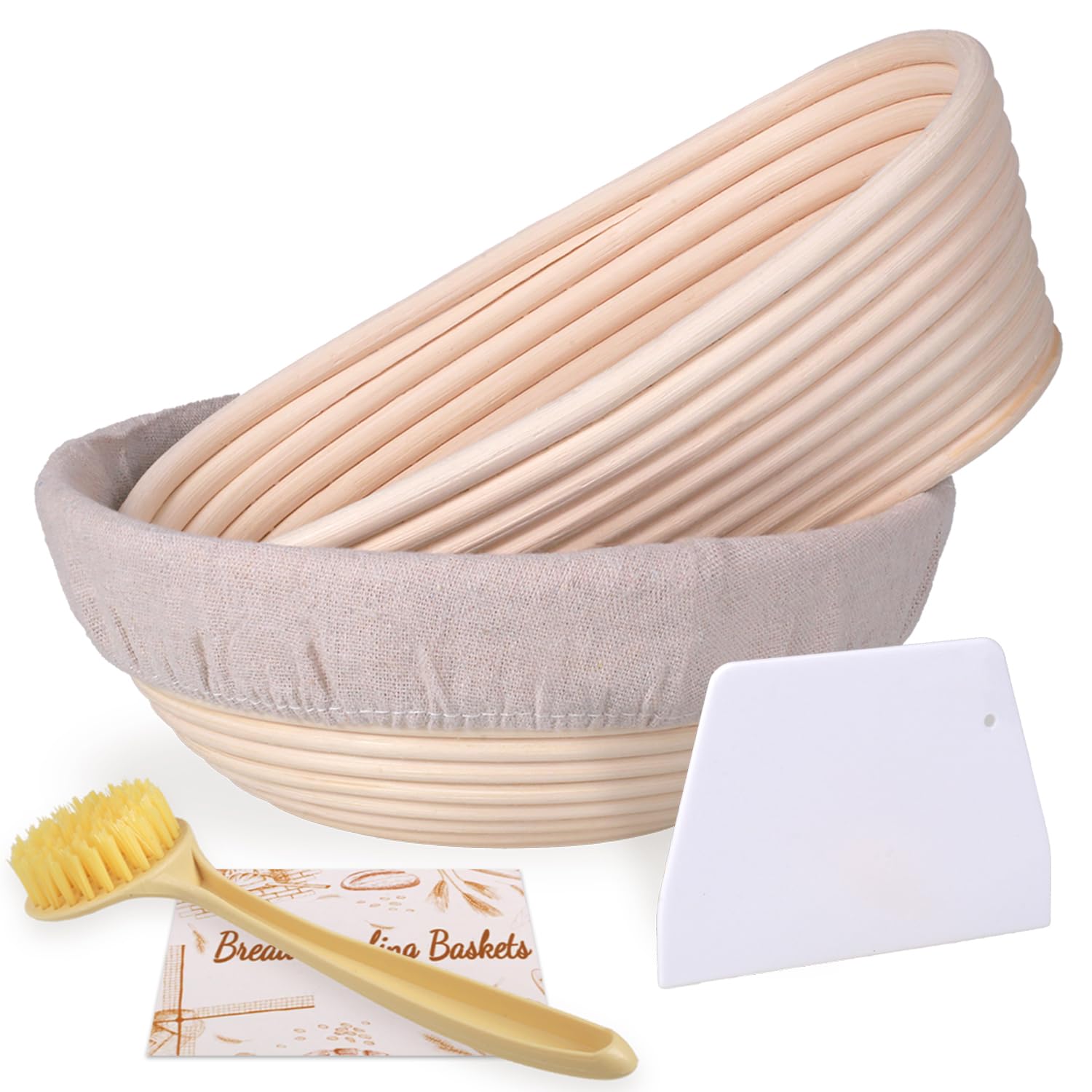 HOMEDISIAC Banneton Bread Proofing Basket Set, 9 Inch Round & 10 Inch Oval, Natural Rattan Material, Ideal for Sourdough Bread Baking, Includes Linen Liner and Dough Scraper, Great Gift Idea