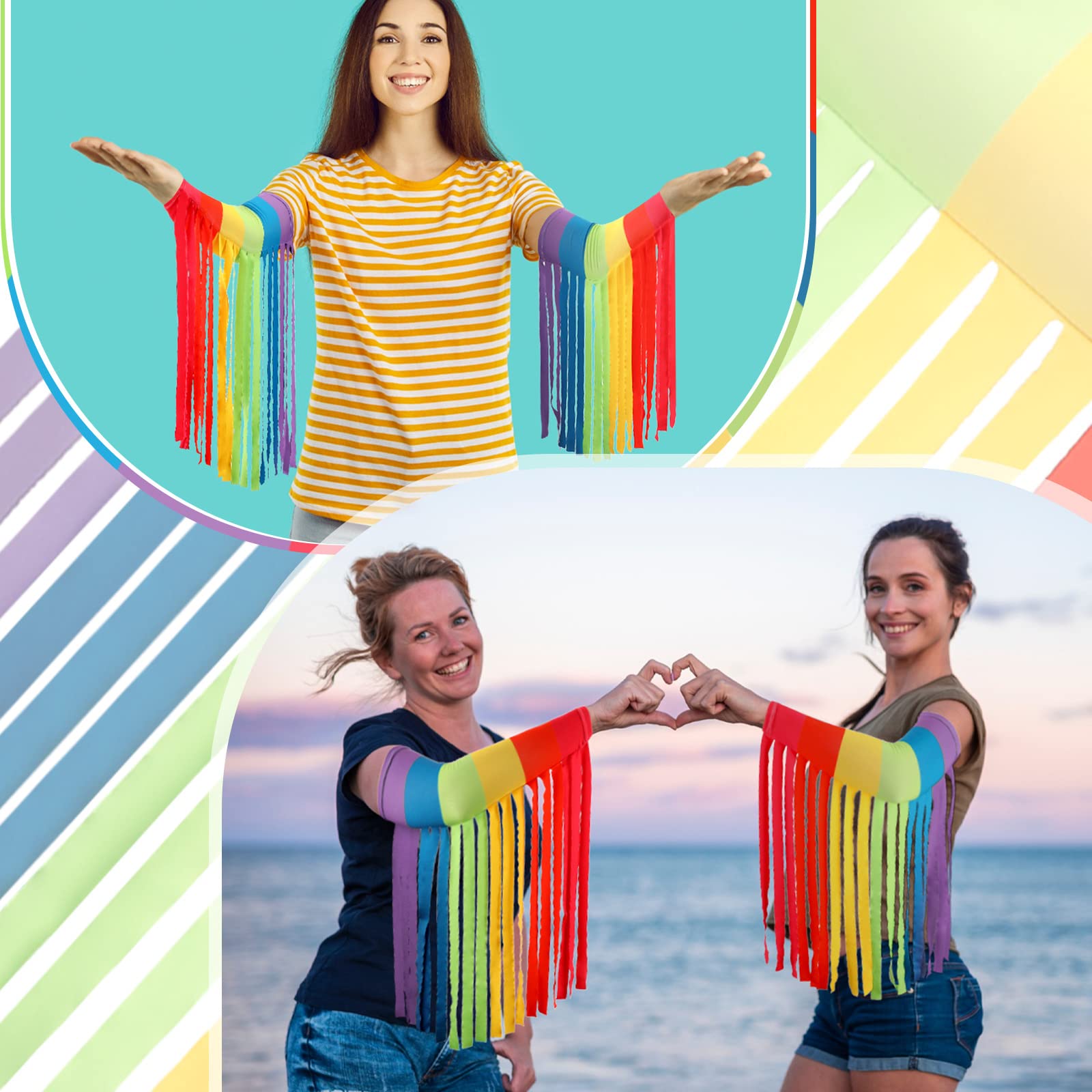 Xuhal Rainbow Arm Warmer Halloween Rainbow Fringe Rave Outfits Women Fringe Warmer Rainbow Fringe Costume for Women Men(Wide)