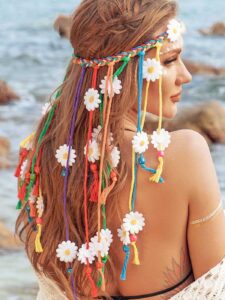 genbree boho daisy headband rainbow braided headpiece summer beach tassel hairband floral hippie hair accessories for women and girls (multi-colored)