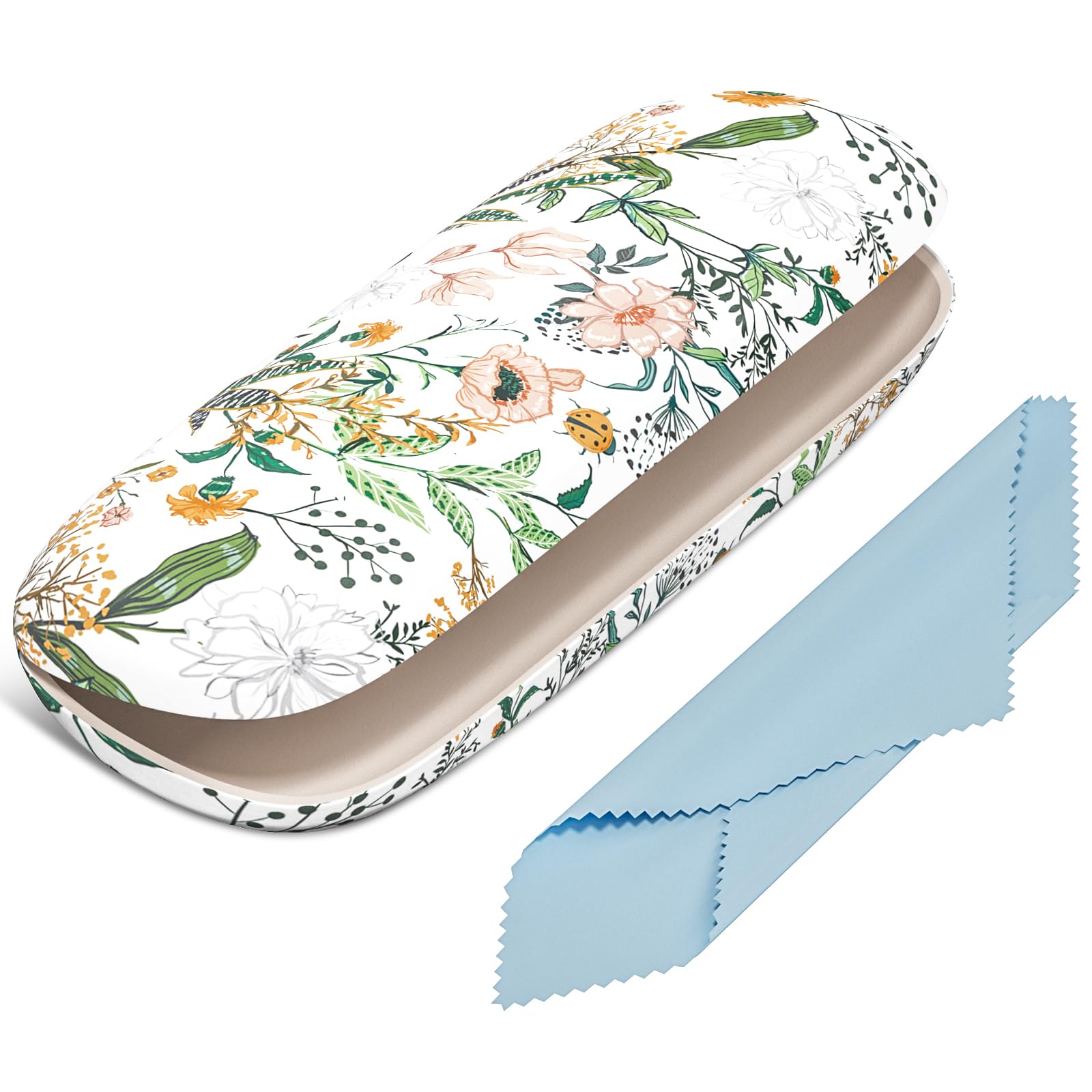 NPOOYI Eyeglasses Case, Hard Shell Protective Case for Glasses, Unisex for Women Men, Glass Case with Cleaning Cloth, Colorful Small Flowers