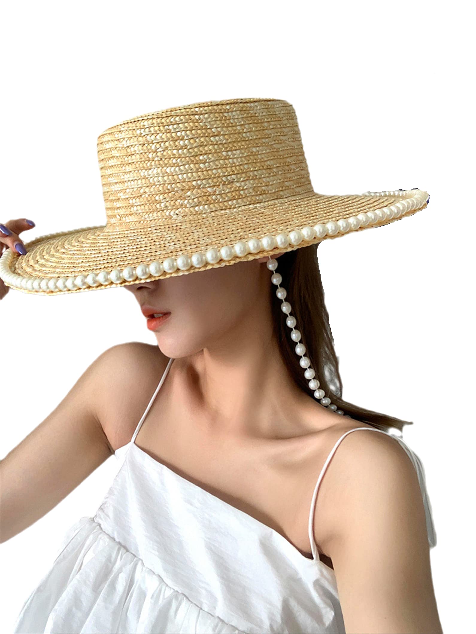 ENFUSO Women's Natural Straw Hat Pearl Decorated Fisherman's Hat Sunshade Parma Tweed Hat UV Protection Travel Retro Original Colour Cap (Straw07)