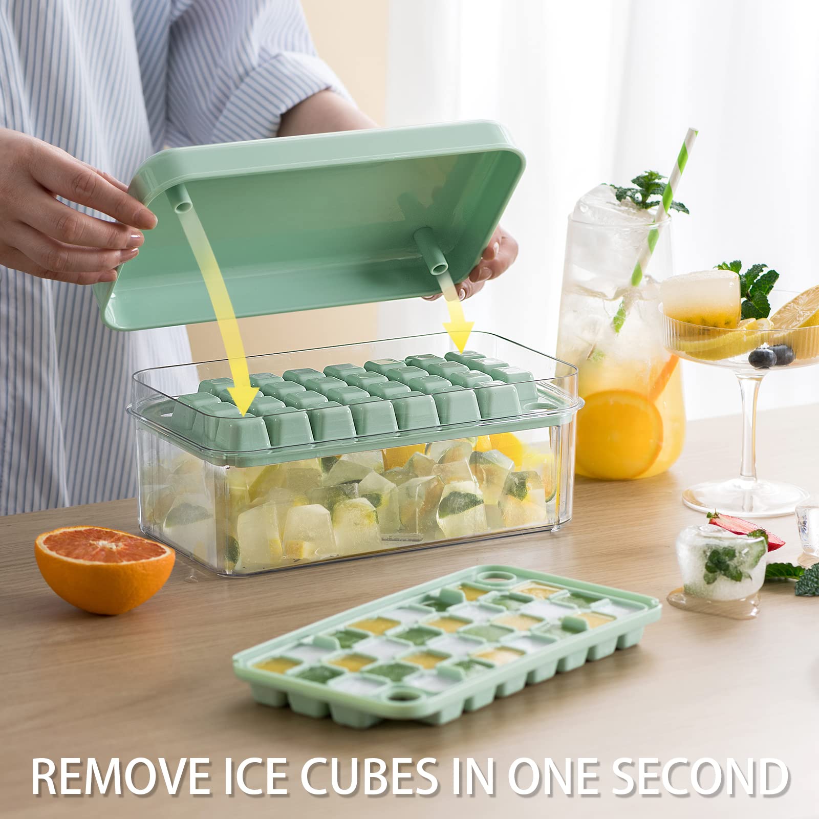 Funfmm Ice Cube Tray with Lid and Bin, 60 Mini Ice Cubes for Freezer, 2 Trays for Chilling Drinks and Juices, BPA Free Ice Cube Molds (Green)