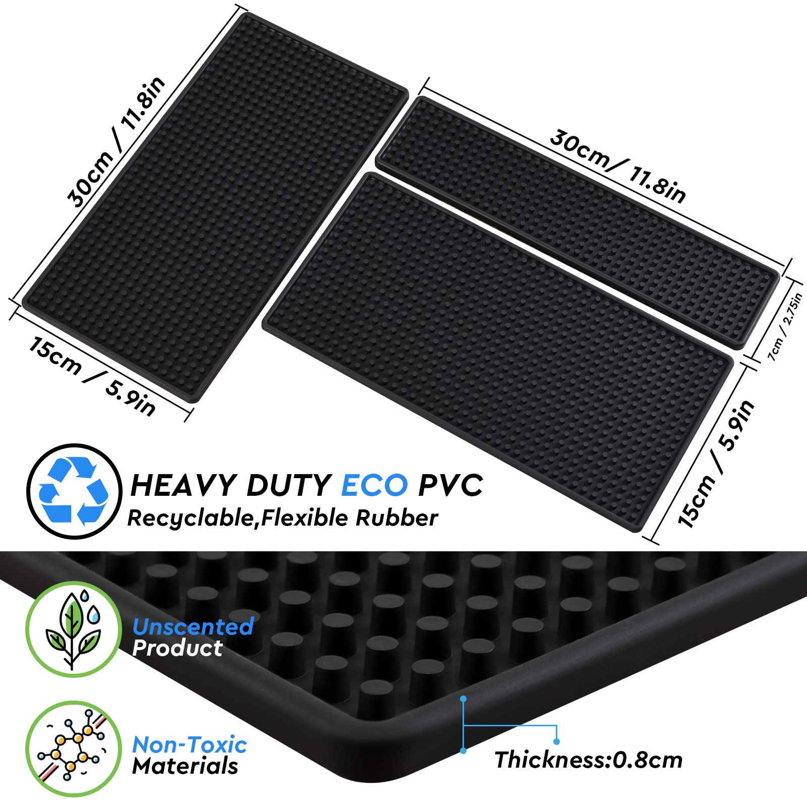 3 Pack Ultimate Small Bar Mat Set - 8mm Thick Anti-Skid Non-Toxic Rubber Bar Mat for Home Bar, Countertop, Restaurants, Coffee Bar Mat - Premium Counter Mats