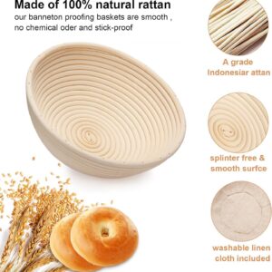 HOMEDISIAC Banneton Bread Proofing Basket Set, 9 Inch Round & 10 Inch Oval, Natural Rattan Material, Ideal for Sourdough Bread Baking, Includes Linen Liner and Dough Scraper, Great Gift Idea