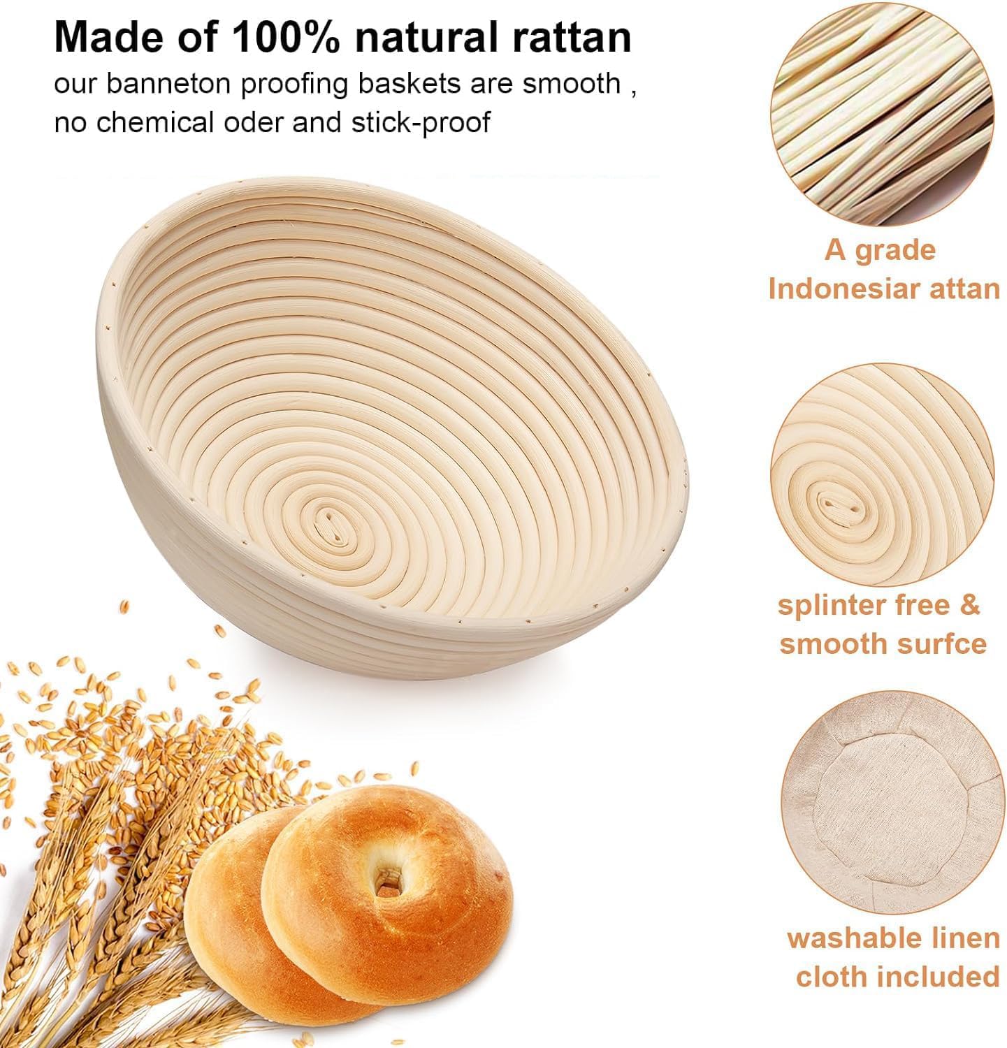 HOMEDISIAC Banneton Bread Proofing Basket Set, 9 Inch Round & 10 Inch Oval, Natural Rattan Material, Ideal for Sourdough Bread Baking, Includes Linen Liner and Dough Scraper, Great Gift Idea